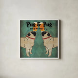 Pug and Pug Brewing Square by Ryan Fowler. Shown in a crisp white glass frame for a clean and minimalist style. Available as an archival giclee rolled canvas, fine art paper, or poster print. SKU 12908a.