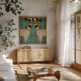 Pug and Pug Brewing Square by Ryan Fowler. Shown in a natural wood frame in a cozy modern living room. Available as an archival giclee rolled canvas, fine art paper, or poster print. SKU 12908a.