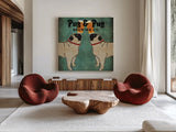 Pug and Pug Brewing Square by Ryan Fowler. Shown as extra-large giant wall art in a modern living room. Available as an archival giclee rolled canvas, fine art paper, or poster print. SKU 12908a.