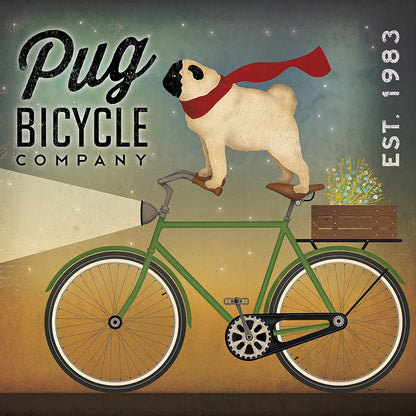 Pug on a Bike by Ryan Fowler. SKU 17219a. Archival Giclee Fine art print for wall decor.