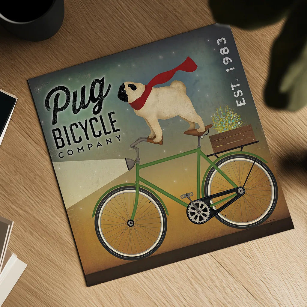Pug on a Bike by Ryan Fowler. Shown as a detailed flat fine art print, highlighting archival giclee quality. Available as an archival giclee rolled canvas, fine art paper, or poster print. SKU 17219a.