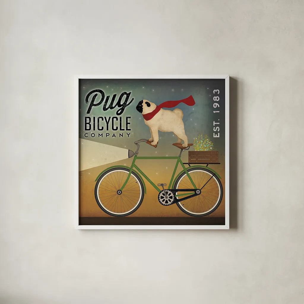 Pug on a Bike by Ryan Fowler. Shown in a crisp white glass frame for a clean and minimalist style. Available as an archival giclee rolled canvas, fine art paper, or poster print. SKU 17219a.