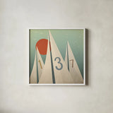 Sails VII with Sun by Ryan Fowler. Shown in a crisp white glass frame for a clean and minimalist style. Available as an archival giclee rolled canvas, fine art paper, or poster print. SKU 27538a.