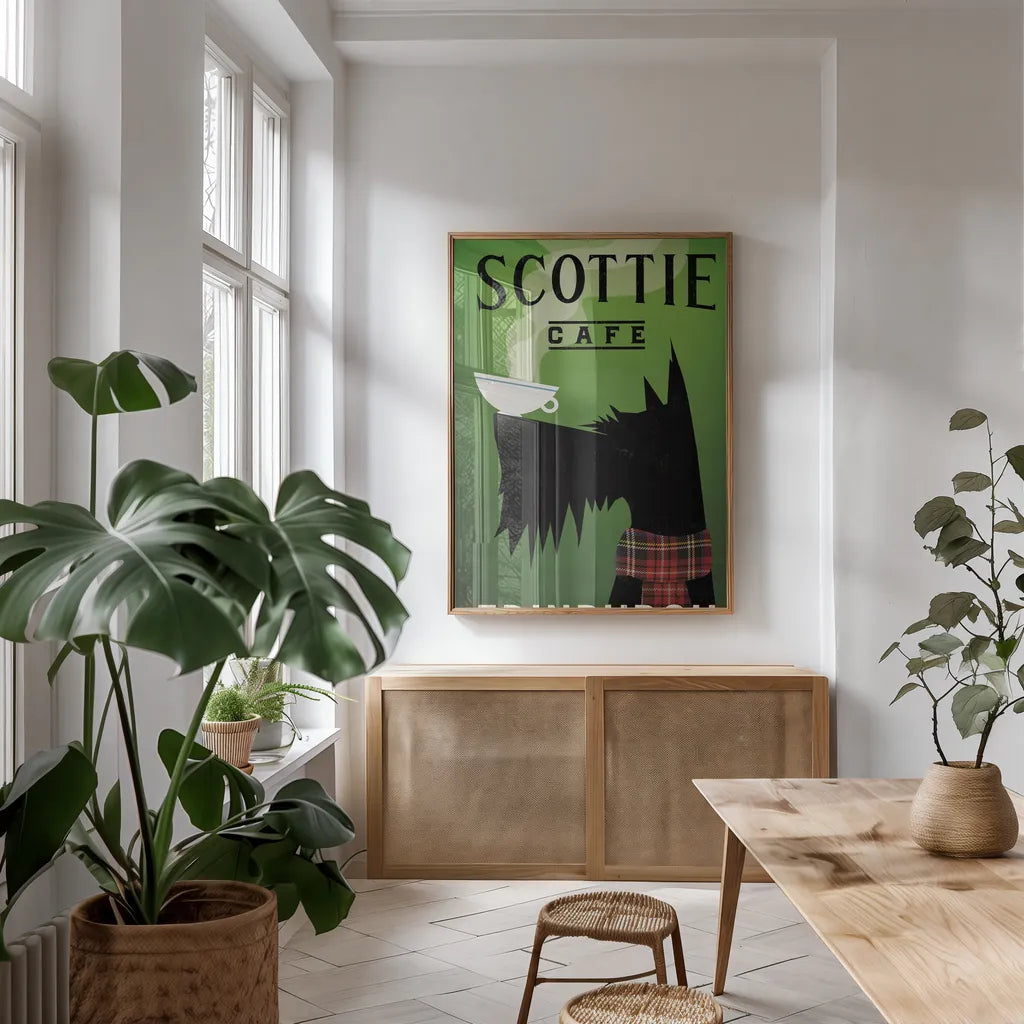 Scottie Cafe by Ryan Fowler. shown as a print in a natural wood frame in a dining room. Available as a archival giclee rolled canvas, fine art paper, or poster print. SKU 34882h.
