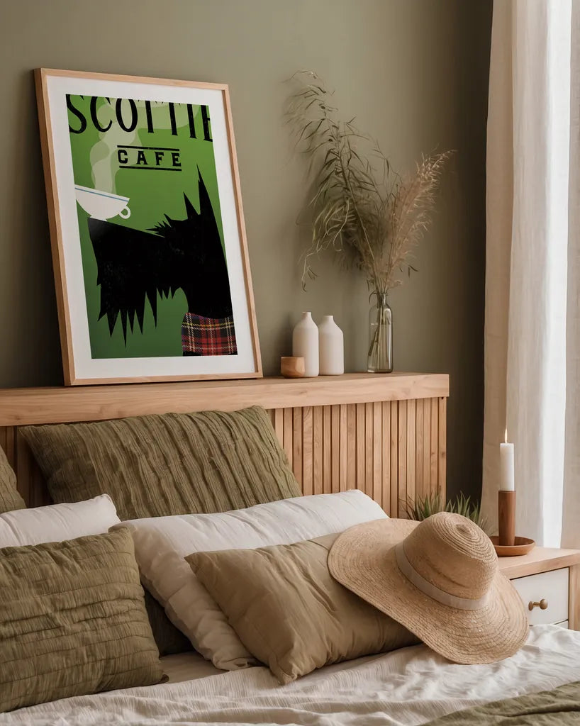 Scottie Cafe by Ryan Fowler. shown as a paper print in a natural frame. Available as a archival giclee rolled canvas, fine art paper, or poster print. SKU 34882h.