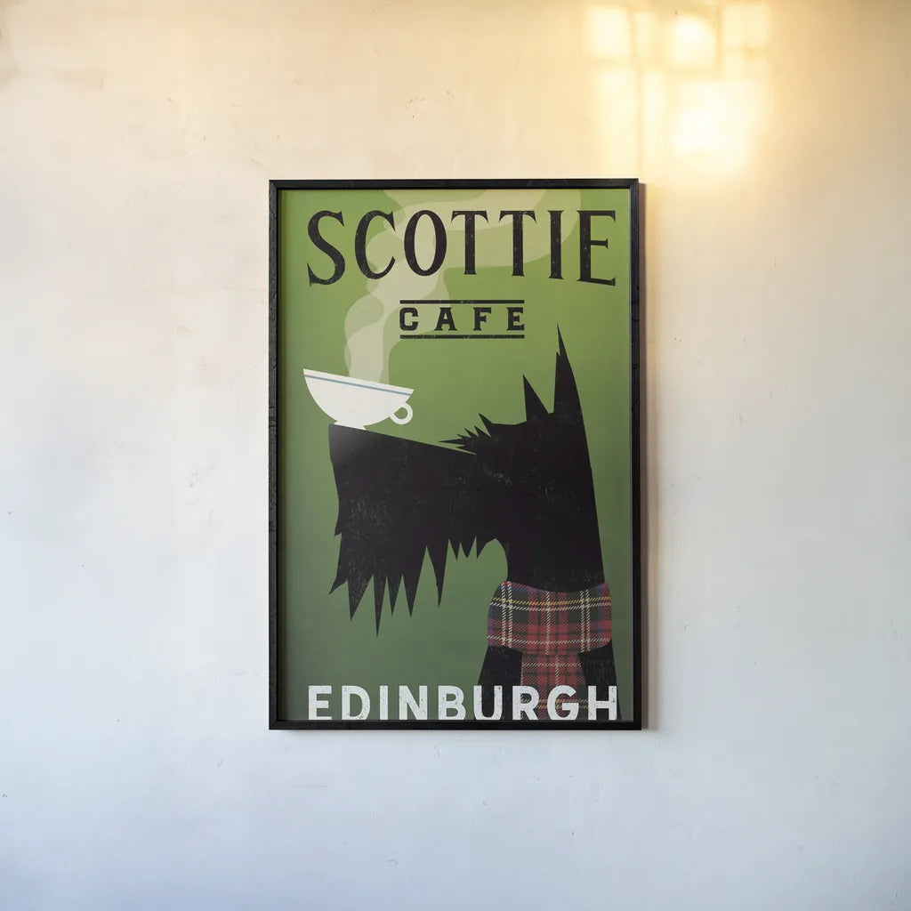 Scottie Cafe by Ryan Fowler. shown as a paper print in a black flame. Available as a archival giclee rolled canvas, fine art paper, or poster print. SKU 34882h.