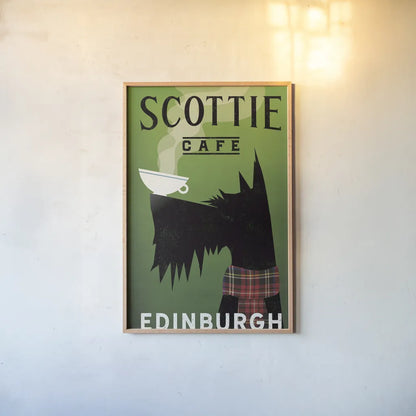 Scottie Cafe by Ryan Fowler. shown as a paper print in a natural frame. Available as a archival giclee rolled canvas, fine art paper, or poster print. SKU 34882h.