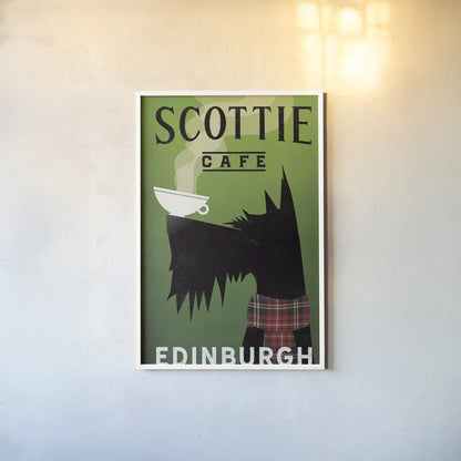 Scottie Cafe by Ryan Fowler. shown as a paper print in a white frame. Available as a archival giclee rolled canvas, fine art paper, or poster print. SKU 34882h.
