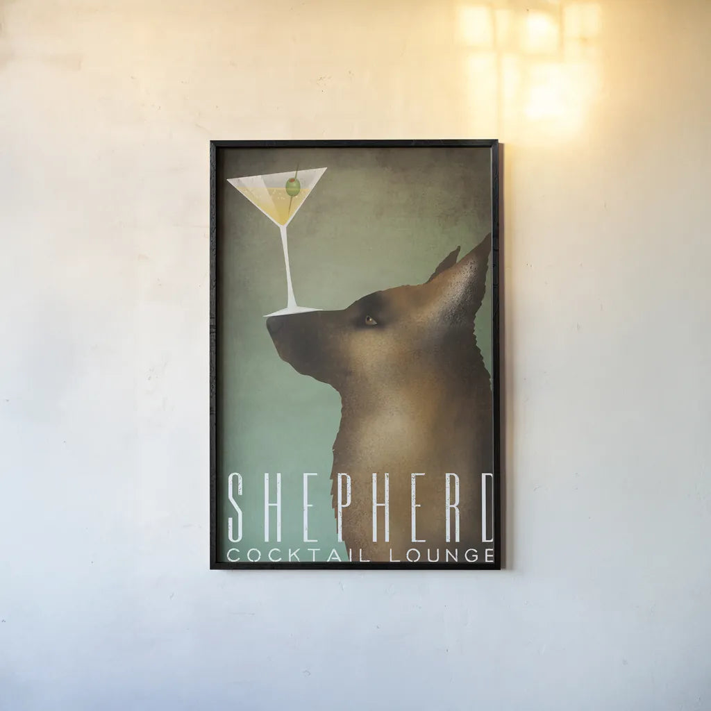 Shepherd Martini by Ryan Fowler. shown as a paper print in a black flame. Available as a archival giclee rolled canvas, fine art paper, or poster print. SKU 31278h.