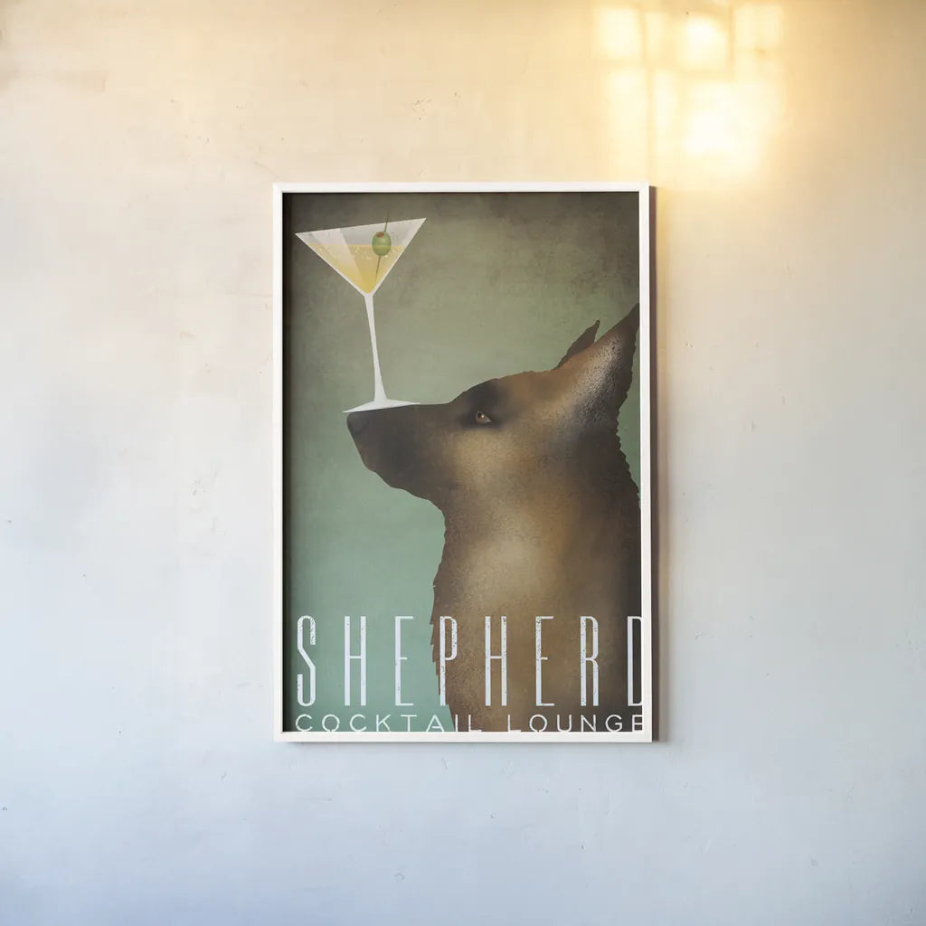 Shepherd Martini by Ryan Fowler. shown as a paper print in a white frame. Available as a archival giclee rolled canvas, fine art paper, or poster print. SKU 31278h.