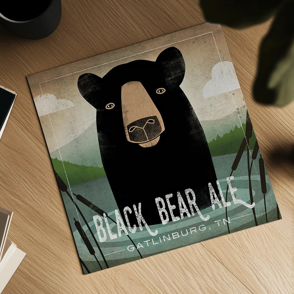Skinny Dip Black Bear Ale by Ryan Fowler. Shown as a detailed flat fine art print, highlighting archival giclee quality. Available as an archival giclee rolled canvas, fine art paper, or poster print. SKU 30845a.
