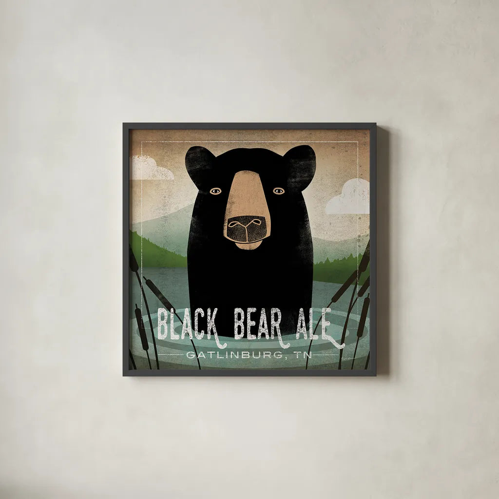 Skinny Dip Black Bear Ale by Ryan Fowler. Shown in a sleek black glass frame for a contemporary gallery look. Available as an archival giclee rolled canvas, fine art paper, or poster print. SKU 30845a.