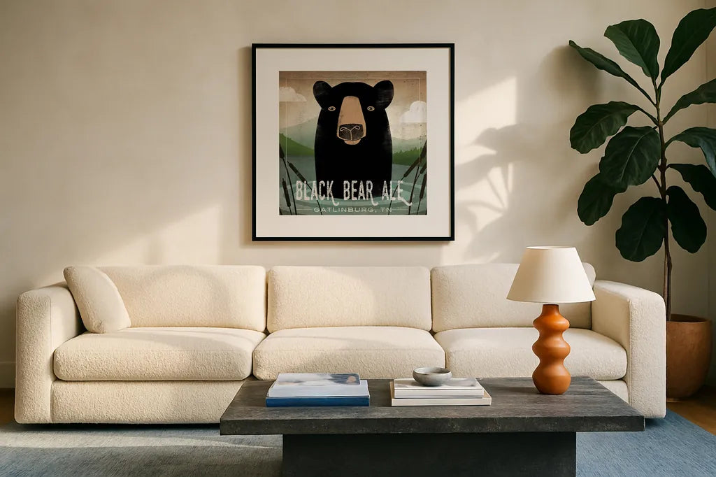 Skinny Dip Black Bear Ale by Ryan Fowler. Displayed in a glass frame with matte in a clean modern living room. Available as an archival giclee rolled canvas, fine art paper, or poster print. SKU 30845a.