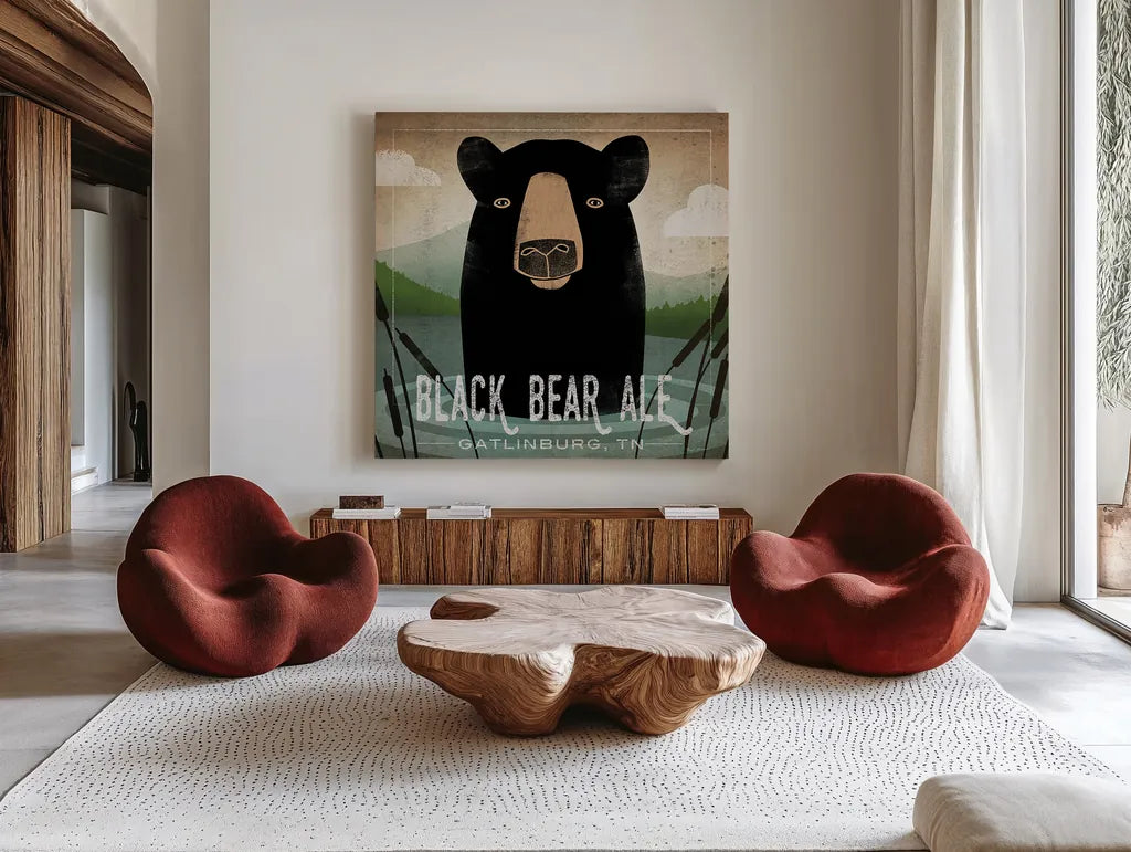 Skinny Dip Black Bear Ale by Ryan Fowler. Shown as extra-large giant wall art in a modern living room. Available as an archival giclee rolled canvas, fine art paper, or poster print. SKU 30845a.