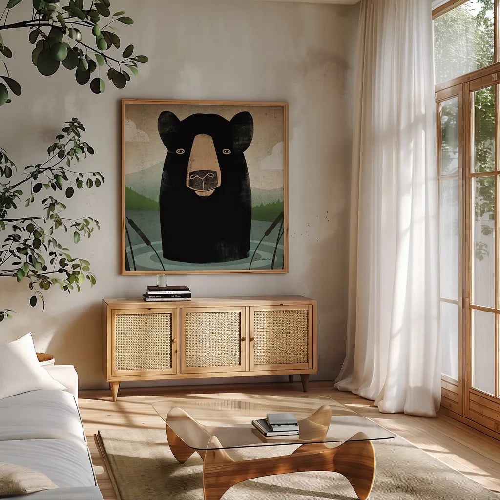 Skinny Dip Crop by Ryan Fowler. Shown in a natural wood frame in a cozy modern living room. Available as an archival giclee rolled canvas, fine art paper, or poster print. SKU 12104a.