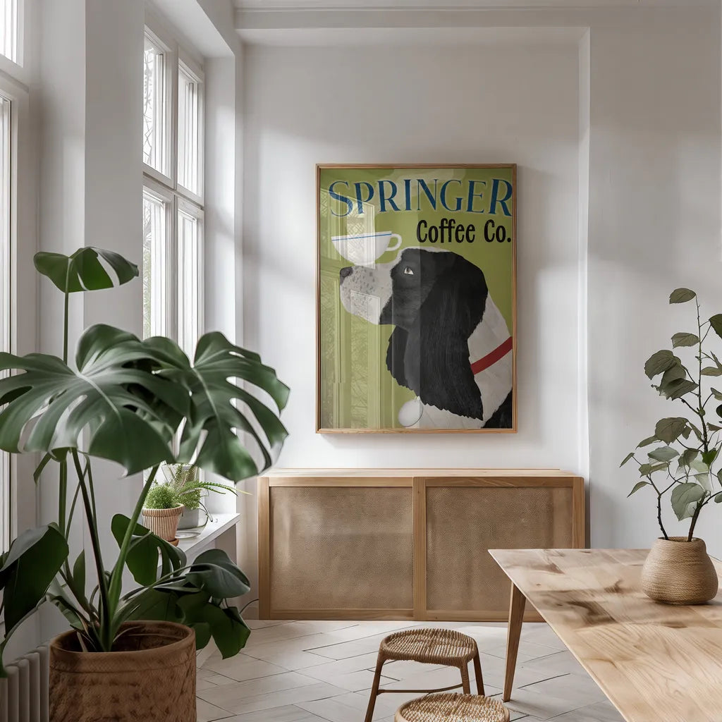 Springer Coffee Co by Ryan Fowler. shown as a print in a natural wood frame in a dining room. Available as a archival giclee rolled canvas, fine art paper, or poster print. SKU 79508h.