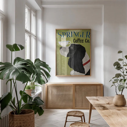 Springer Coffee Co by Ryan Fowler. shown as a print in a natural wood frame in a dining room. Available as a archival giclee rolled canvas, fine art paper, or poster print. SKU 79508h.
