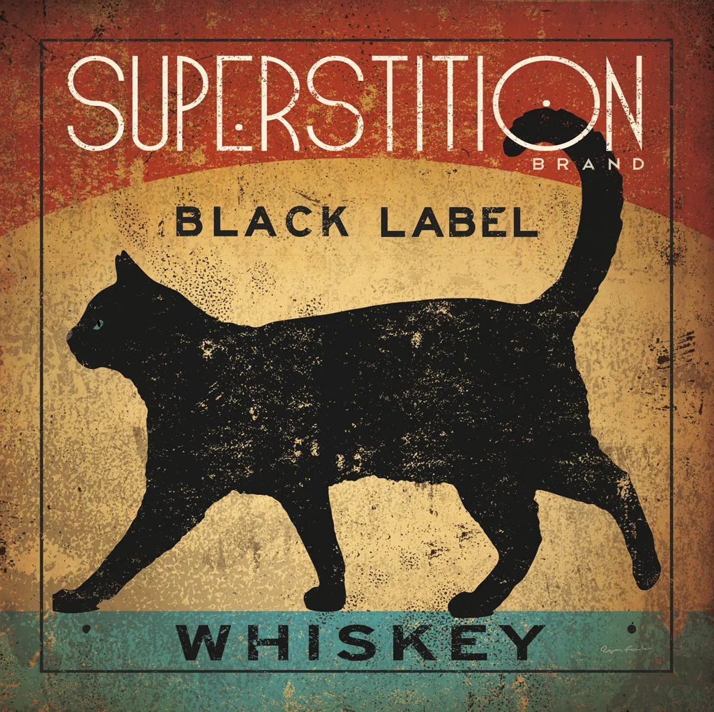 Superstition Black Label Whiskey Cat by Ryan Fowler. SKU 28040a. Archival Giclee Fine art print for wall decor.