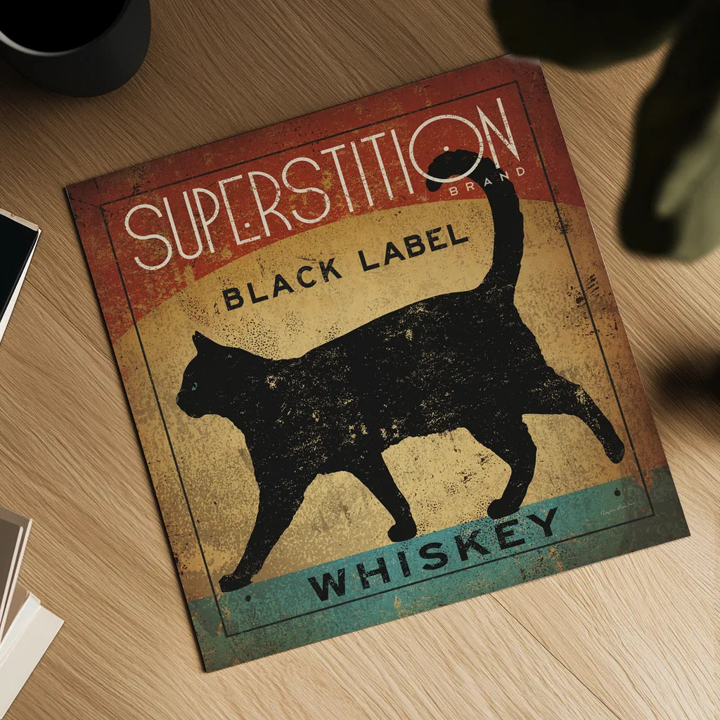 Superstition Black Label Whiskey Cat by Ryan Fowler. Shown as a detailed flat fine art print, highlighting archival giclee quality. Available as an archival giclee rolled canvas, fine art paper, or poster print. SKU 28040a.