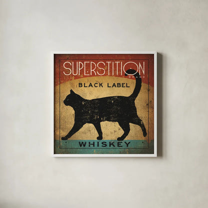 Superstition Black Label Whiskey Cat by Ryan Fowler. Shown in a crisp white glass frame for a clean and minimalist style. Available as an archival giclee rolled canvas, fine art paper, or poster print. SKU 28040a.