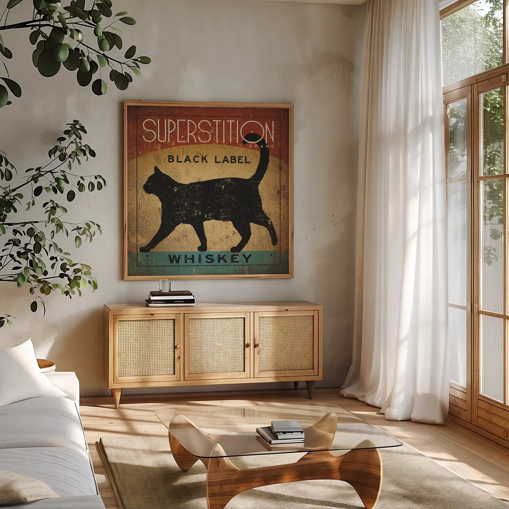 Superstition Black Label Whiskey Cat by Ryan Fowler. Shown in a natural wood frame in a cozy modern living room. Available as an archival giclee rolled canvas, fine art paper, or poster print. SKU 28040a.
