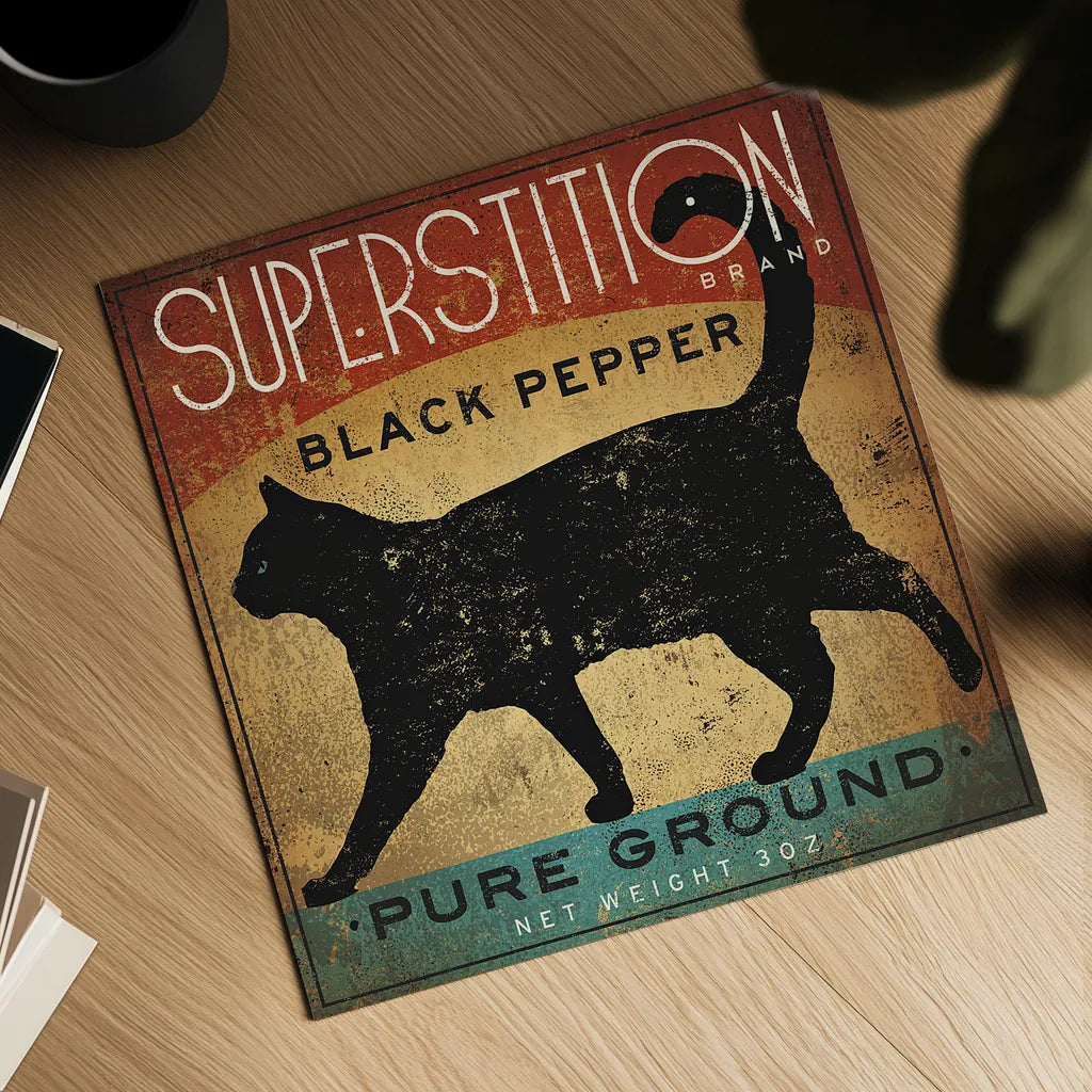 Superstition Black Pepper Cat by Ryan Fowler. Shown as a detailed flat fine art print, highlighting archival giclee quality. Available as an archival giclee rolled canvas, fine art paper, or poster print. SKU 18227a.