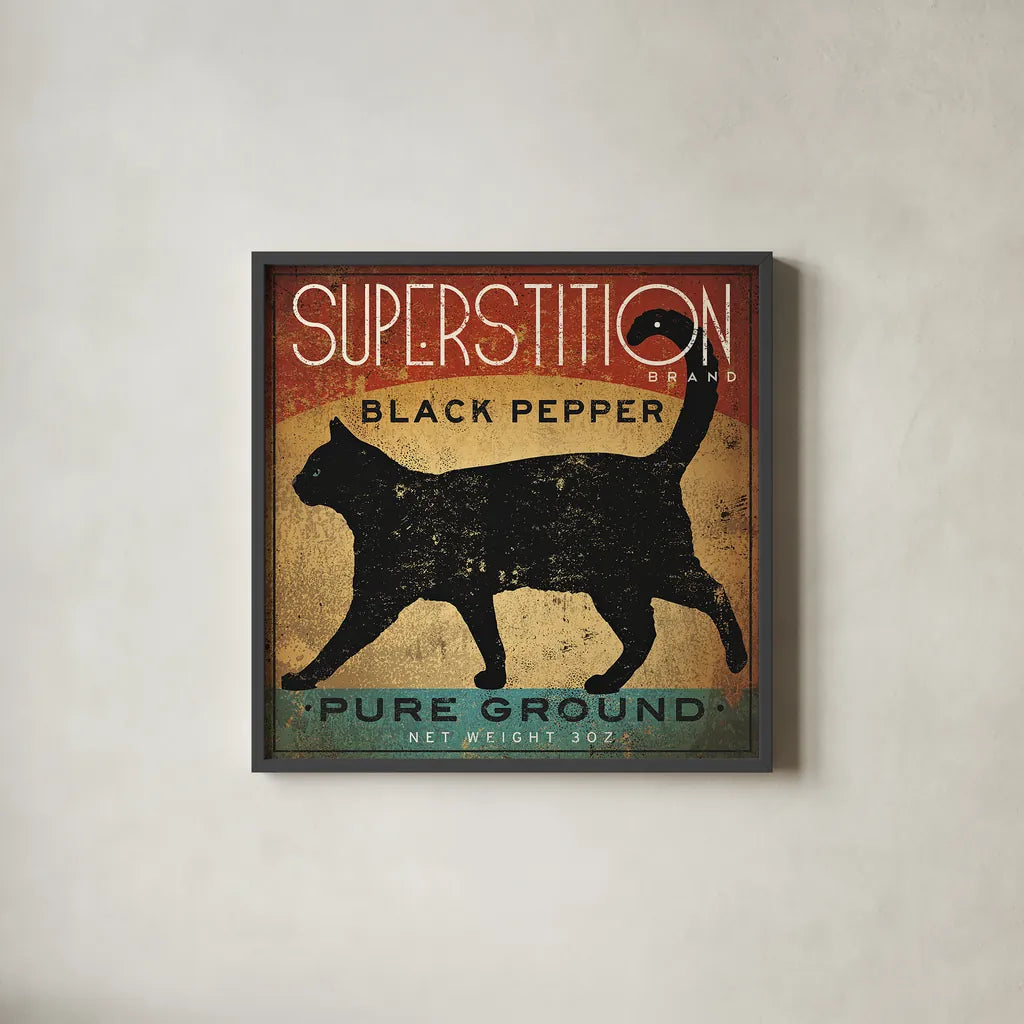 Superstition Black Pepper Cat by Ryan Fowler. Shown in a sleek black glass frame for a contemporary gallery look. Available as an archival giclee rolled canvas, fine art paper, or poster print. SKU 18227a.
