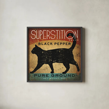 Superstition Black Pepper Cat by Ryan Fowler. Shown in a sleek black glass frame for a contemporary gallery look. Available as an archival giclee rolled canvas, fine art paper, or poster print. SKU 18227a.