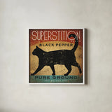 Superstition Black Pepper Cat by Ryan Fowler. Shown in a crisp white glass frame for a clean and minimalist style. Available as an archival giclee rolled canvas, fine art paper, or poster print. SKU 18227a.