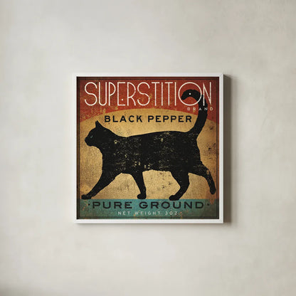 Superstition Black Pepper Cat by Ryan Fowler. Shown in a crisp white glass frame for a clean and minimalist style. Available as an archival giclee rolled canvas, fine art paper, or poster print. SKU 18227a.