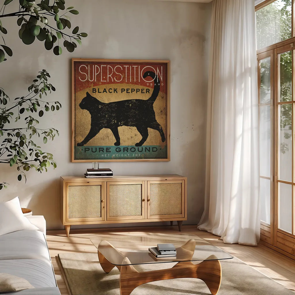 Superstition Black Pepper Cat by Ryan Fowler. Shown in a natural wood frame in a cozy modern living room. Available as an archival giclee rolled canvas, fine art paper, or poster print. SKU 18227a.