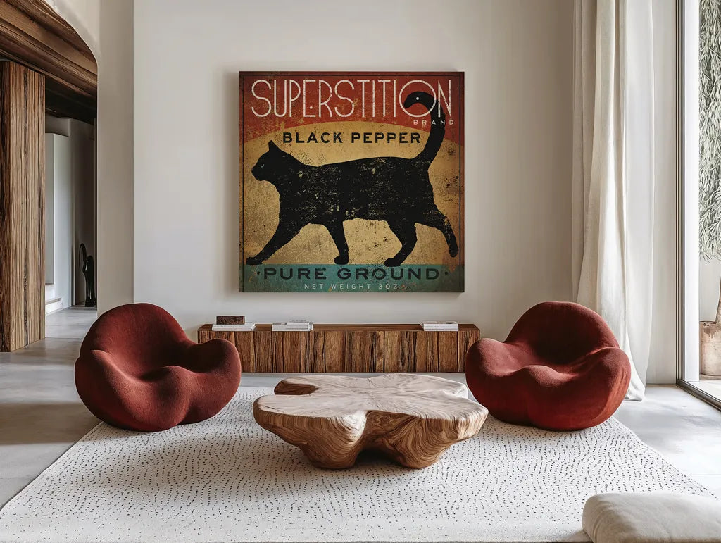 Superstition Black Pepper Cat by Ryan Fowler. Shown as extra-large giant wall art in a modern living room. Available as an archival giclee rolled canvas, fine art paper, or poster print. SKU 18227a.