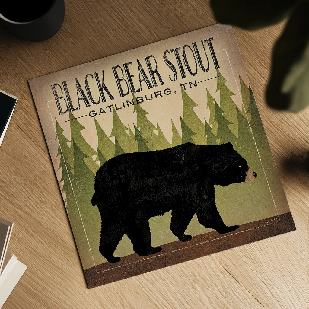 Take a Hike Bear Black Bear Stout by Ryan Fowler. Shown as a detailed flat fine art print, highlighting archival giclee quality. Available as an archival giclee rolled canvas, fine art paper, or poster print. SKU 30841a.