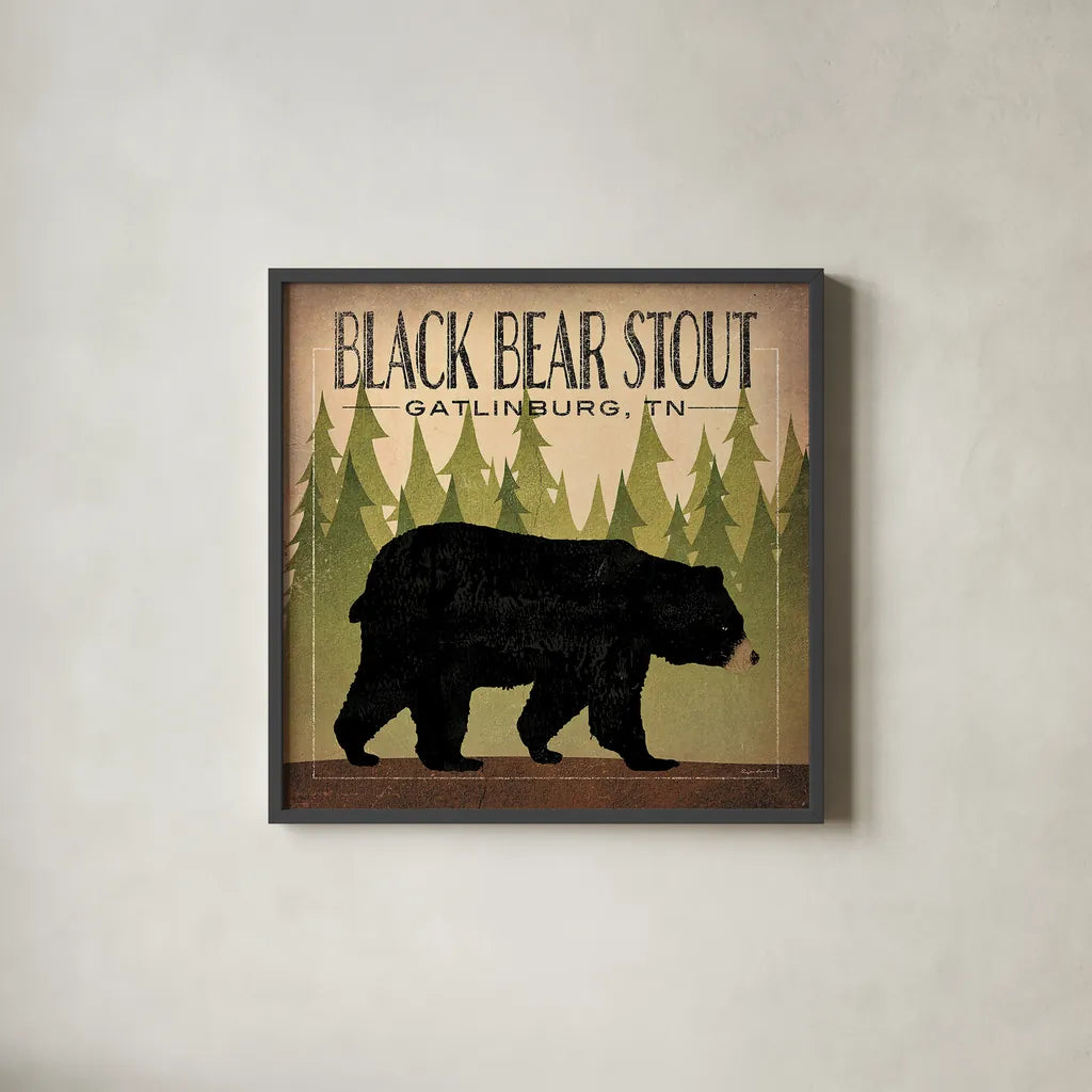 Take a Hike Bear Black Bear Stout by Ryan Fowler. Shown in a sleek black glass frame for a contemporary gallery look. Available as an archival giclee rolled canvas, fine art paper, or poster print. SKU 30841a.