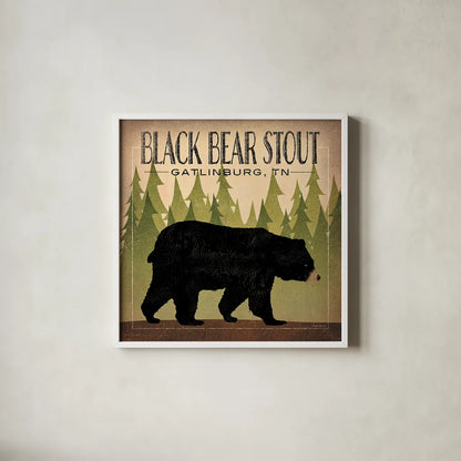 Take a Hike Bear Black Bear Stout by Ryan Fowler. Shown in a crisp white glass frame for a clean and minimalist style. Available as an archival giclee rolled canvas, fine art paper, or poster print. SKU 30841a.