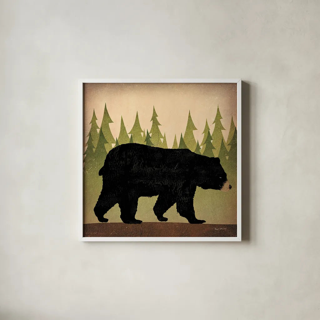 Take a Hike Bear no Words by Ryan Fowler. Shown in a crisp white glass frame for a clean and minimalist style. Available as an archival giclee rolled canvas, fine art paper, or poster print. SKU 23373a.