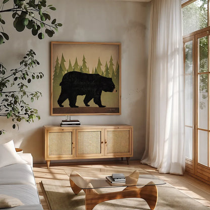 Take a Hike Bear no Words by Ryan Fowler. Shown in a natural wood frame in a cozy modern living room. Available as an archival giclee rolled canvas, fine art paper, or poster print. SKU 23373a.