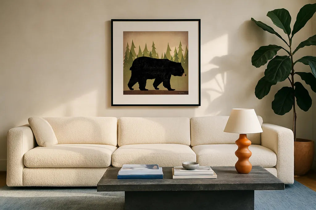 Take a Hike Bear no Words by Ryan Fowler. Displayed in a glass frame with matte in a clean modern living room. Available as an archival giclee rolled canvas, fine art paper, or poster print. SKU 23373a.