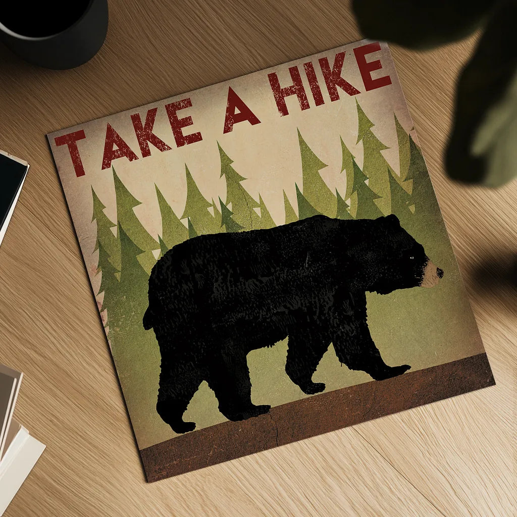 Take a Hike Black Bear by Ryan Fowler. Shown as a detailed flat fine art print, highlighting archival giclee quality. Available as an archival giclee rolled canvas, fine art paper, or poster print. SKU 22891a.