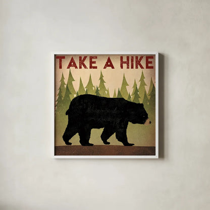 Take a Hike Black Bear by Ryan Fowler. Shown in a crisp white glass frame for a clean and minimalist style. Available as an archival giclee rolled canvas, fine art paper, or poster print. SKU 22891a.