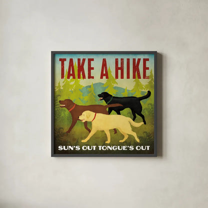 Take a Hike Lab by Ryan Fowler. Shown in a sleek black glass frame for a contemporary gallery look. Available as an archival giclee rolled canvas, fine art paper, or poster print. SKU 79477a.