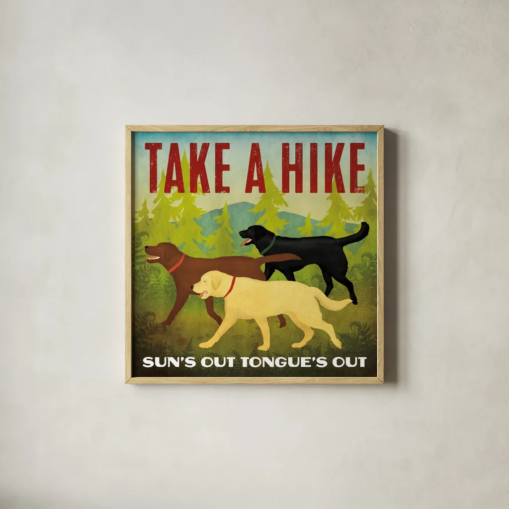 Take a Hike Lab by Ryan Fowler. Shown in a natural wood glass frame for a timeless modern aesthetic. Available as an archival giclee rolled canvas, fine art paper, or poster print. SKU 79477a.