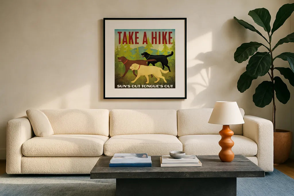 Take a Hike Lab by Ryan Fowler. Displayed in a glass frame with matte in a clean modern living room. Available as an archival giclee rolled canvas, fine art paper, or poster print. SKU 79477a.