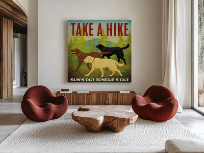 Take a Hike Lab by Ryan Fowler. Shown as extra-large giant wall art in a modern living room. Available as an archival giclee rolled canvas, fine art paper, or poster print. SKU 79477a.