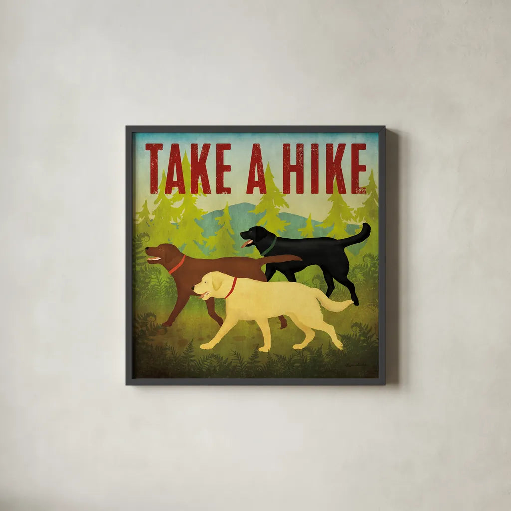 Take a Hike Lab II by Ryan Fowler. Shown in a sleek black glass frame for a contemporary gallery look. Available as an archival giclee rolled canvas, fine art paper, or poster print. SKU 81068a.