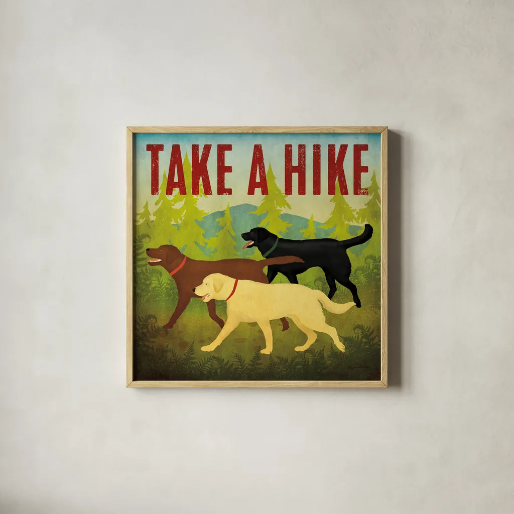 Take a Hike Lab II by Ryan Fowler. Shown in a natural wood glass frame for a timeless modern aesthetic. Available as an archival giclee rolled canvas, fine art paper, or poster print. SKU 81068a.