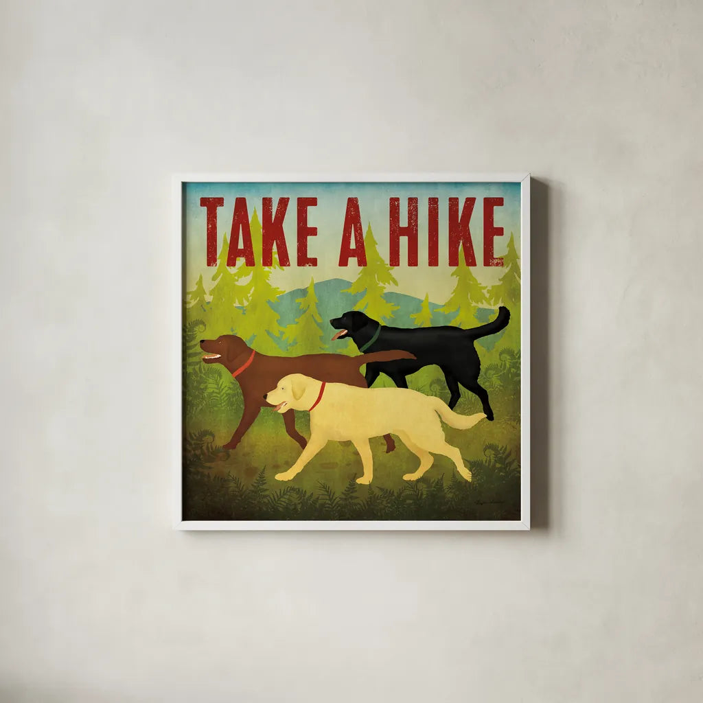 Take a Hike Lab II by Ryan Fowler. Shown in a crisp white glass frame for a clean and minimalist style. Available as an archival giclee rolled canvas, fine art paper, or poster print. SKU 81068a.
