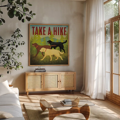 Take a Hike Lab II by Ryan Fowler. Shown in a natural wood frame in a cozy modern living room. Available as an archival giclee rolled canvas, fine art paper, or poster print. SKU 81068a.