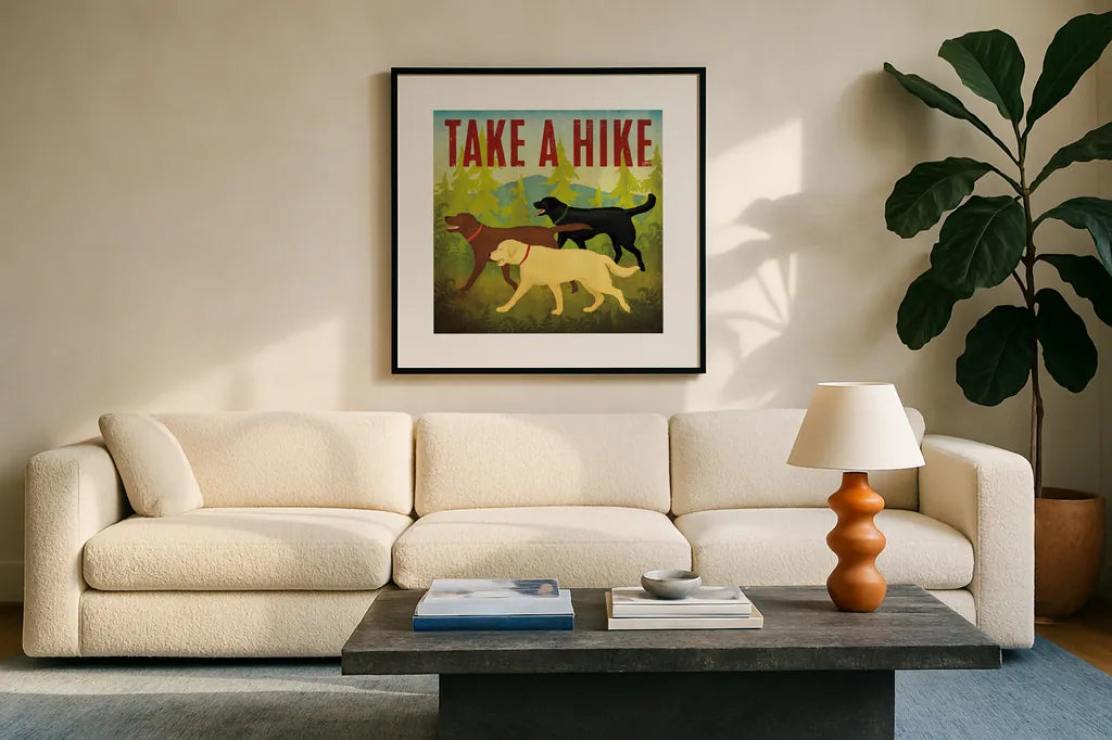 Take a Hike Lab II by Ryan Fowler. Displayed in a glass frame with matte in a clean modern living room. Available as an archival giclee rolled canvas, fine art paper, or poster print. SKU 81068a.