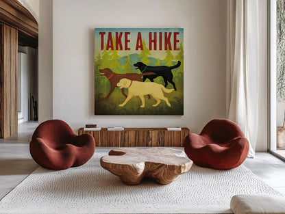Take a Hike Lab II by Ryan Fowler. Shown as extra-large giant wall art in a modern living room. Available as an archival giclee rolled canvas, fine art paper, or poster print. SKU 81068a.